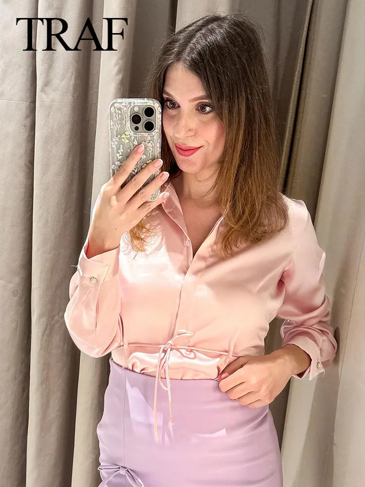 TRAF Woman New Fashion Spring Casual Shirt Pink Turn-Down Collar Long Sleeves Lace-Up Decorate Single Breasted Female Blouses