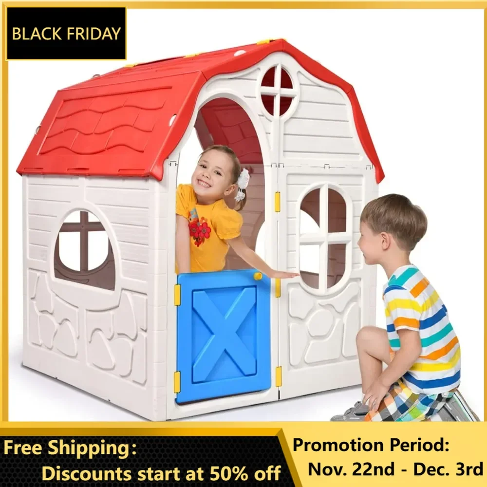 Outdoor Playhouse for Kids, Cottage Indoor Playhouse with Working Doors & Windows, Pretend Play House Imagination Playset Toy