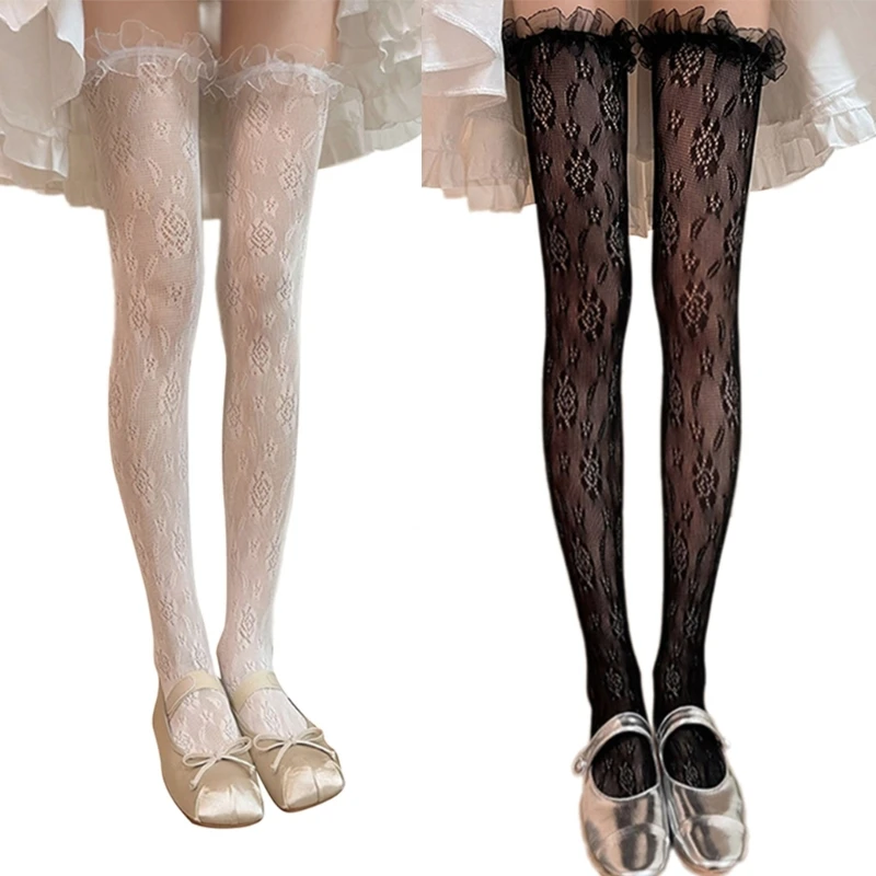 

Women Sweet Hollowed Flower Patterned Mesh Over Knee Long Socks Japanese Ruffle Lace Trim Fishnet Thigh High Stockings