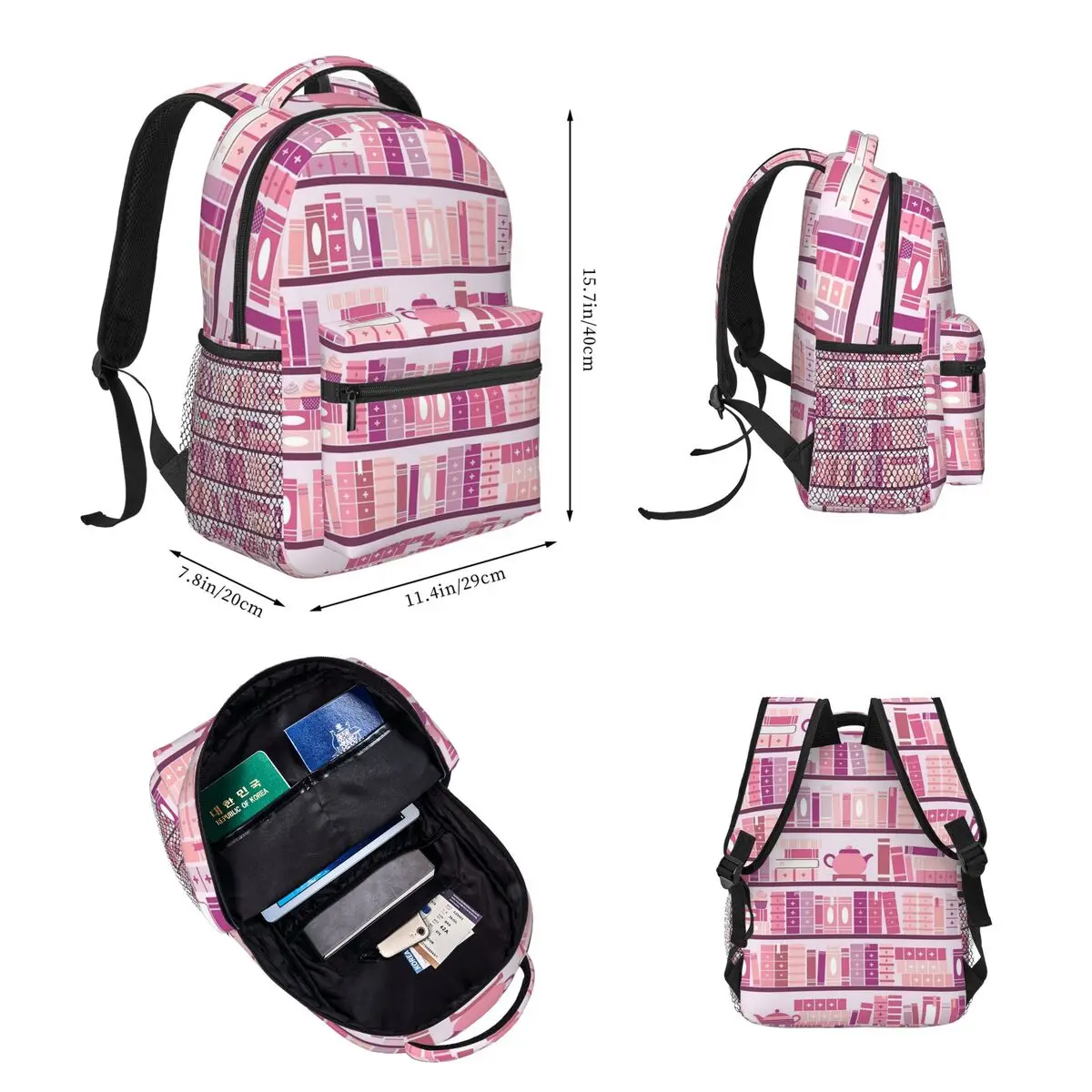 Pink Bookcase Pattern Romance Tea Books Backpacks Bookbag Students School Bags Kids Rucksack Lunch Bag Pen Bag Three-Piece Set