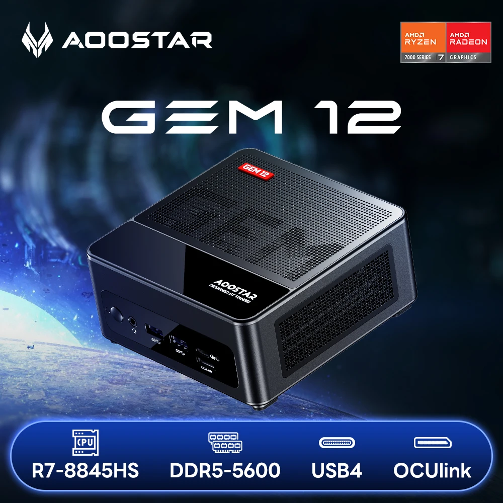 AOOSTAR 게이밍 데스크탑 컴퓨터, 미니 PC, 라이젠 7 8845HS, 더블 DDR5 RAM 2 개, NVME SSD 2 개, OCuiLink, WiFi 6, 블루투스, GEM12