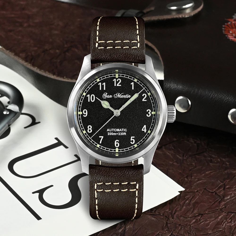 San Martin Pilot Watch 37mm Simple Military Style 8215 Automatic Mechanical Wristwatch Mens Watches 10 Bar Sapphire Luminous