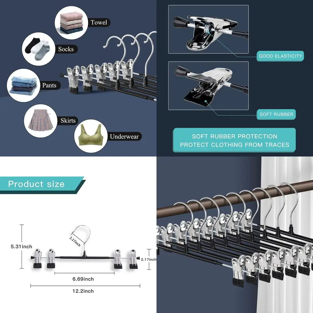 

60-Pack Adjustable Non-Slip Skirt, Trousers, Jeans, and Shorts Hangers - Heavy Duty, Space Saving, Black, 12 Inch