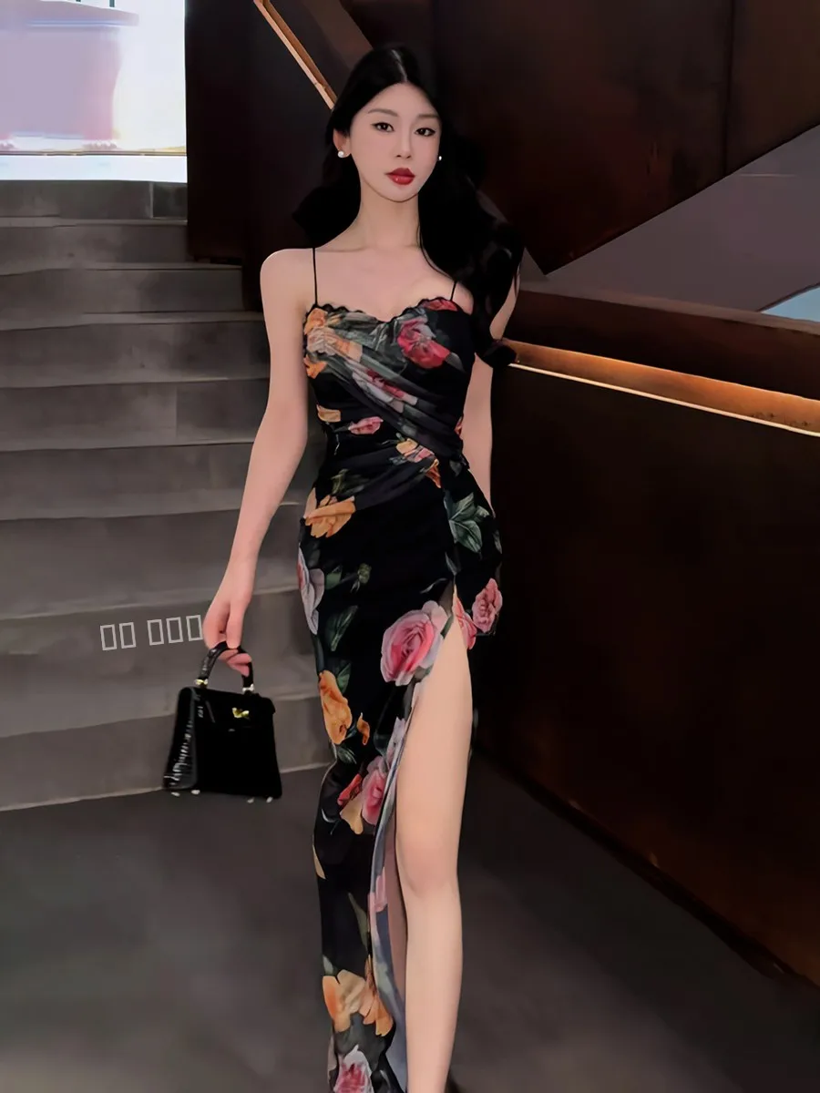 Sukienka damska letnia w stylu retro z kwiatowym wzorem, nowa, seksowna, wyszczuplająca, długa, z wysokim stanem, rozcięciem i zamkiem błyskawicznym...