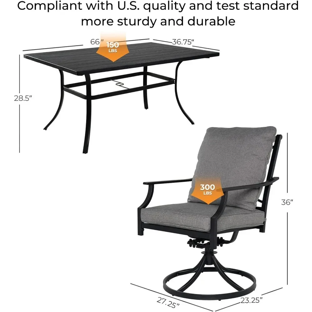 Outdoor Dining Set for 6, E-Coated Patio Swivel with Olefin Cushions, Woodgrain Table with Umbrella Hole, Outdoor Tables