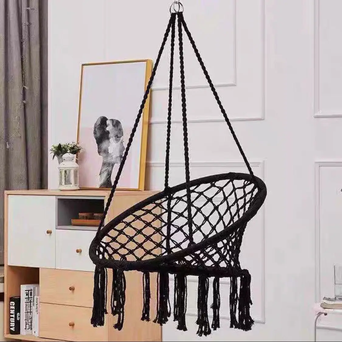 Manufacturer'sIndoor Swing Ins Nordic StyleTassel Hanging Basket Chair, Outdoor Iron Ring Hammock, CottonRope Woven Homestay