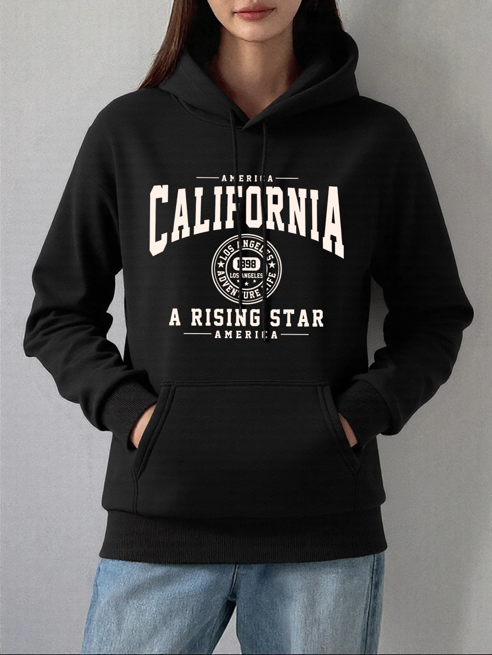 America California Printing Hoodies Women Autumn Fleece Warm Pullover Basics Pocket Sweatshirt Comfortable Loose Womans Clothes