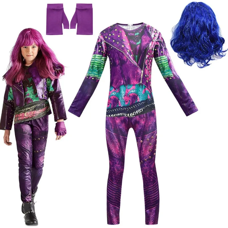 Halloween Descendants3 Mal Costume for Girls Evie Cosplay Costume Kids Fantasia Halloween Clothes Wig Birthday Party Fancy Dress