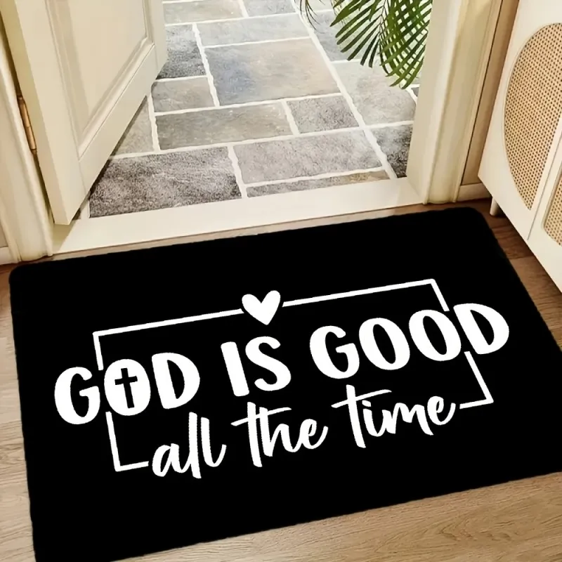 Religious Quote Doormat God Is Good All The Time Letter Print Black Background Mat for Faith Based Home Entrance Decor