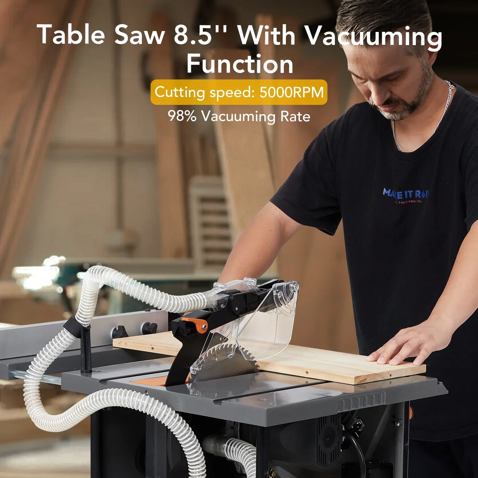 Saw For Jobsite, 98% Vacuuming Rate Table Saw 8.5 inch, Cutting Speed Up To for  5000RPM, 2000W,15A Tablesaw For Woodworking