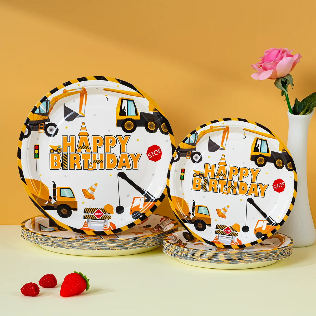 Assiettes en papier jetables pour enfants, camion de construction, joyeux anniversaire, décoration de table de fête, 10/25/50 pièces