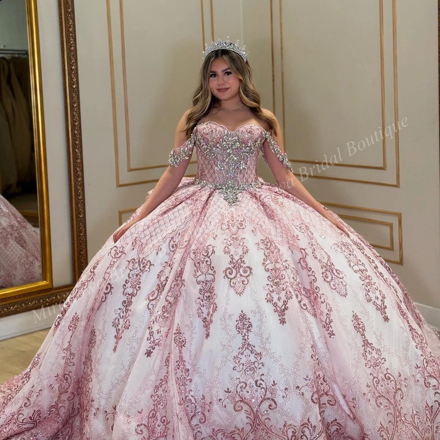 Robe Quinceanera rose avec nœud détachable, épaules dénudées, paillettes, robe de bal, Corset, robe de fête d'anniversaire, personnalisée, 15/16