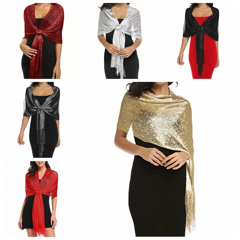 Ladies' Decorative Shawl Gold And Silver Silk Beach Play Tassel Scarf With Buckle Dinner Party Dance Party Wedding Attire