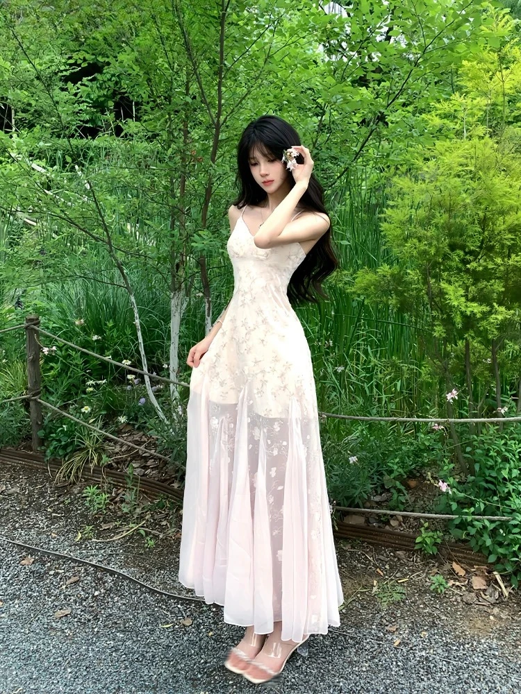 

French Style Floral V-neck Suspender Dress Women's Summer Vacation Elegant Long Lace Mesh Waist Fishtail Dresses Femme