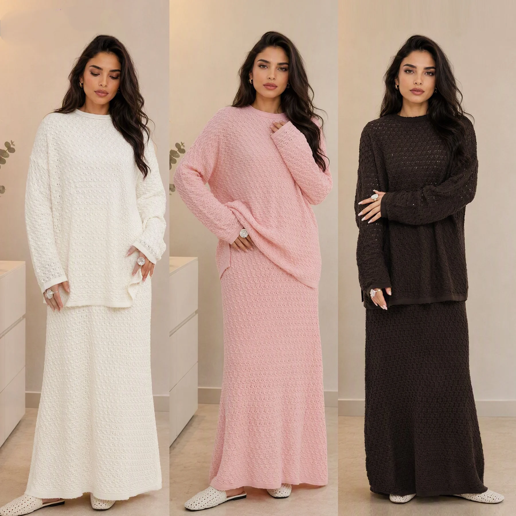 Eid Ramadan Women Fall Winter Crochet Knit 2 Piece Set Long Sleeve Sweater Top Blouse Maxi Skirt Islamic Outfit Loose Vestidos