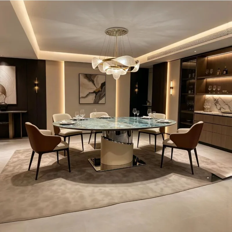 Home Designer Italian Modern Light Luxury Oval Dining Table Stainless Steel Saddle Leather Turquoise Slate Dining Table