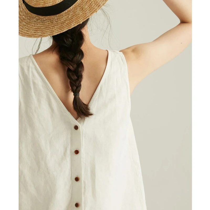 Women Clothing Vintage Simple Causal Vacation with Buttons Linen Tank Tops 2024 Summer Female V Neck White Loose Sleeveless Vest