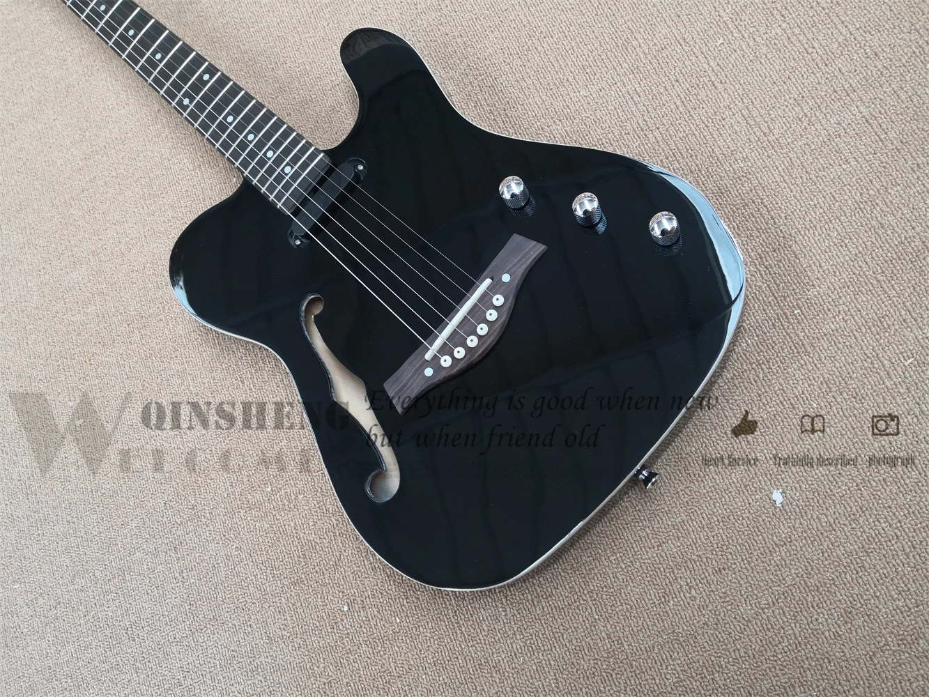 Custom electric guitar, semi-hollow black TE guitar, rose wood bridge, white binding, chrome knob