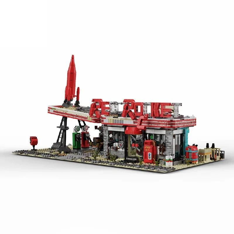 映画ゲームレッド放棄されたガソリンスタンド建築終末MOCハウスモジュラービルディングブロックモデルキット大人子供ギフト2731PCS