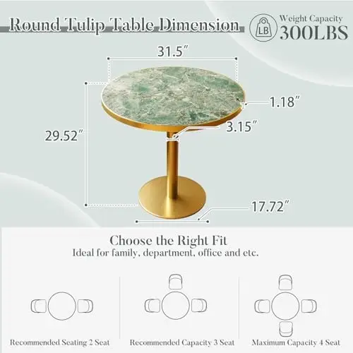 31.5'' Tulip Table, Round Dining Table with Sintered Stone Tabletop | Gold Edge & Pedestal, Bistro Table for 2-4 Person