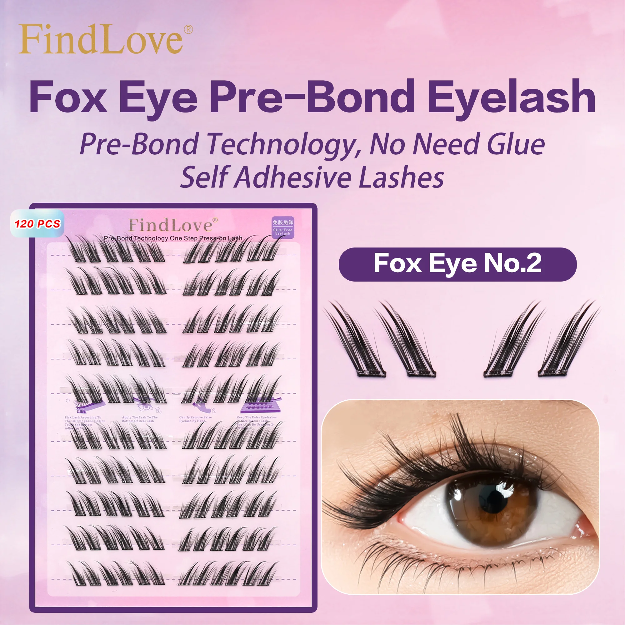 

120PCS FindLove Fox Eye Glue-free Eyelashes Natural and Soft False Eyelashes Self Adhesive Eyelash For Beginner Reusable Eyelash