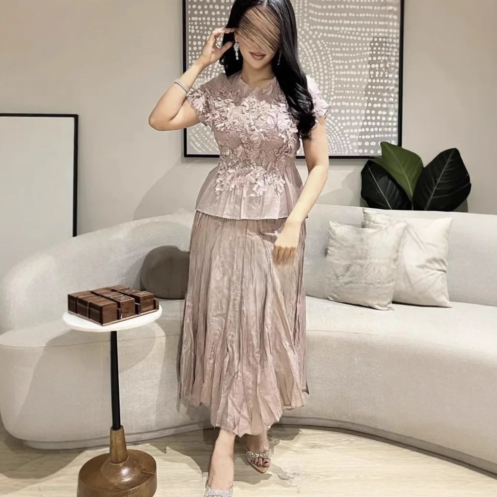 Miyake Pleated Set 2025 Summer New Embossed Top + Long Half Skirt Solid Color 2 Piece Set