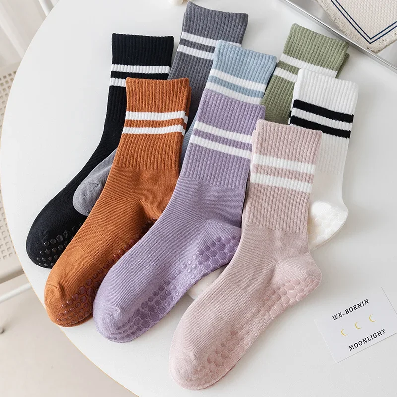 Women Candy Color Striped Cotton Mid-calf Yoga Stockings Professional Non-slip Pilates Indoor Floor Dance Fitness Sports Socks