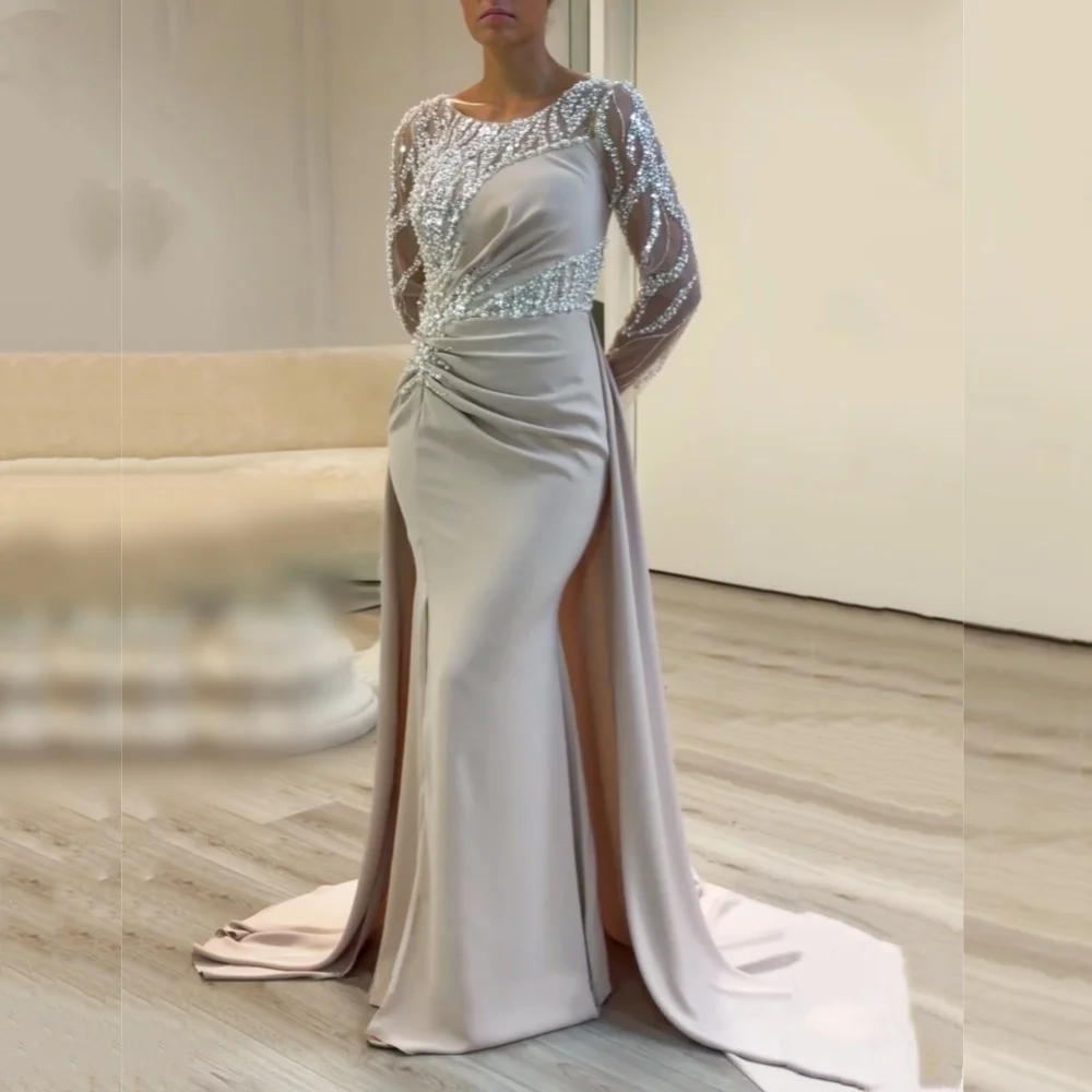 

Customized Luxury Evening Dress Grace Beading O-Neck Pleat Long Dresses Bespoke Occasion Elegant Party Wedding High Quality