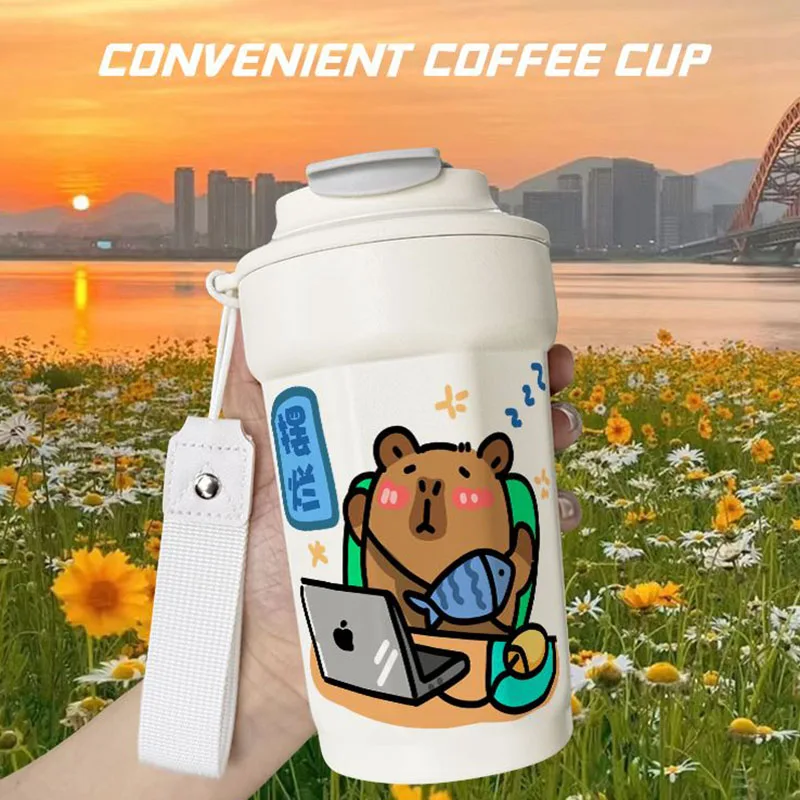 Miniso Cute Capybara Thermos Cup 480ML Kawaii Cartoon Portable Travel Coffee Office Home Water Drinking Cup Anime Toy Girl Gifts