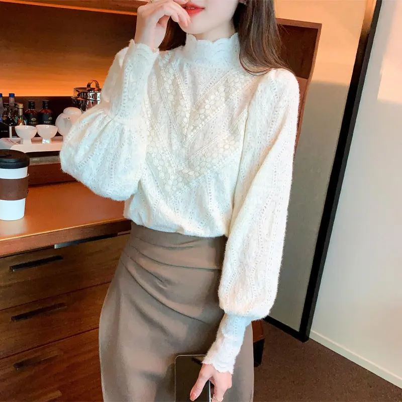 Commute Spring Autumn Straight Solid Color T-shirt Female Clothing Elegant Lace Hollow Out All-match Half High Collar Pullovers