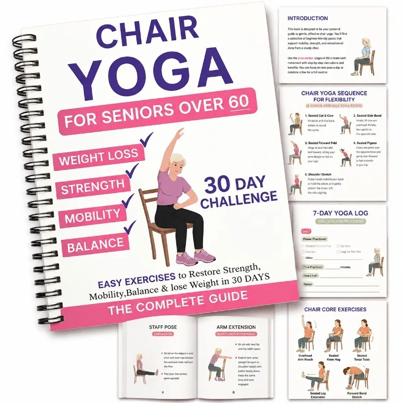 Guide de yoga en position assise sur chaise de 30 jours, livre de fitness doux pour personnes âgées de plus de 60 ans, améliore la force, l'équilibre et la flexibilité, facile à réaliser à domicile