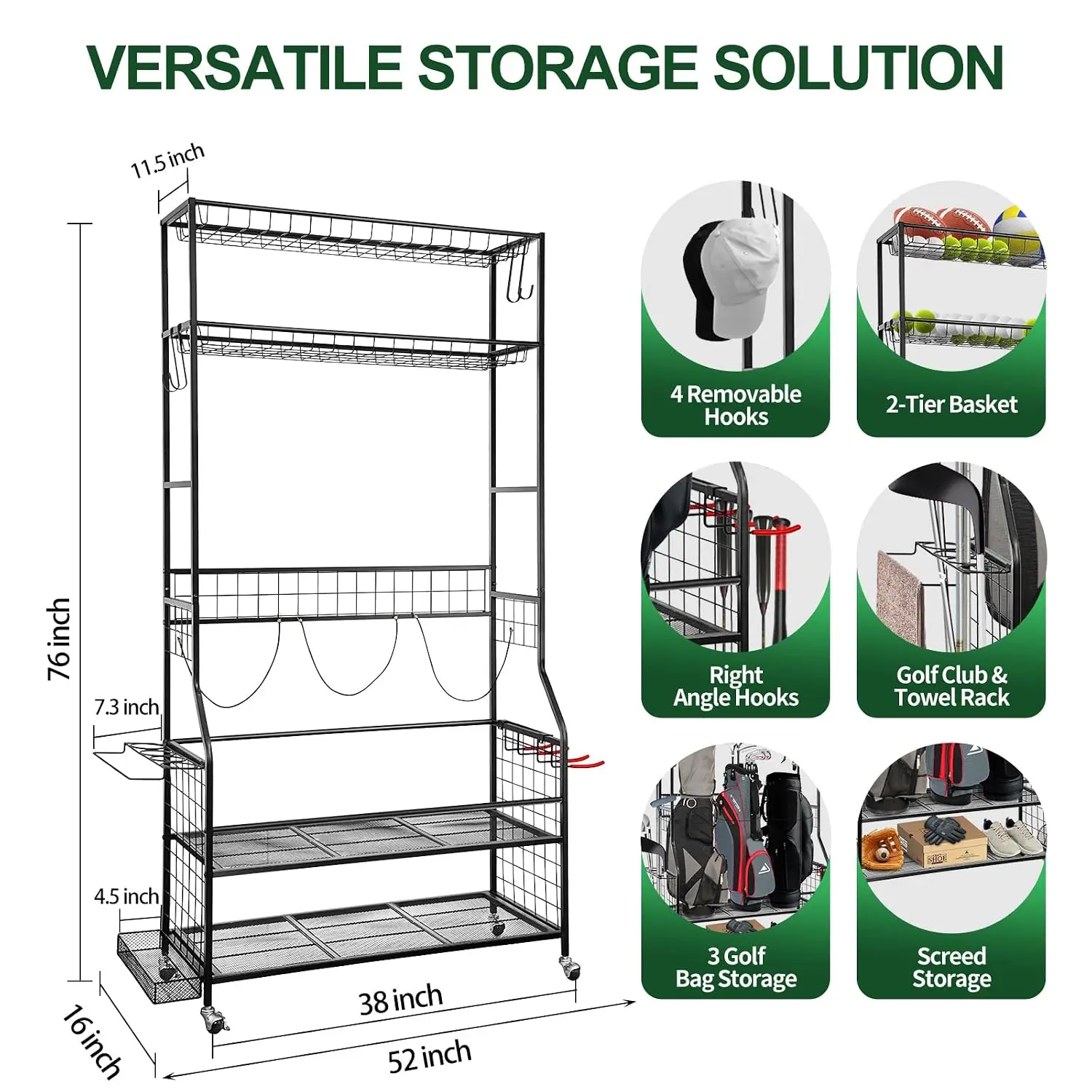Golf Bag Storage Organizer for Garage – 3 Golf Bags Rack with Wheels, Heavy Duty Steel Golf Equipment Storage Stand with Club