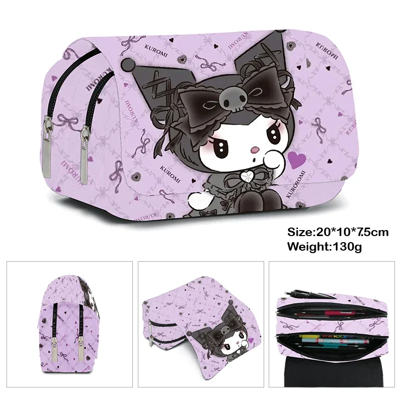 Bolsa de lápices de doble capa con estampado Kuromi, bolsa de lápices de dibujos animados para estudiantes de primaria y secundaria, regalos para niños