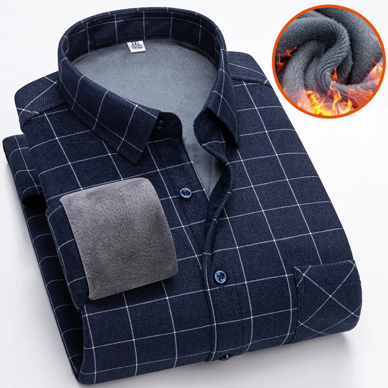 2023 Autumn/Winter New Men\'s Fashion Long Sleeve Plaid Shirt Fleece and Thick Warm Men\'s Casual High Quality Large Size Shirt