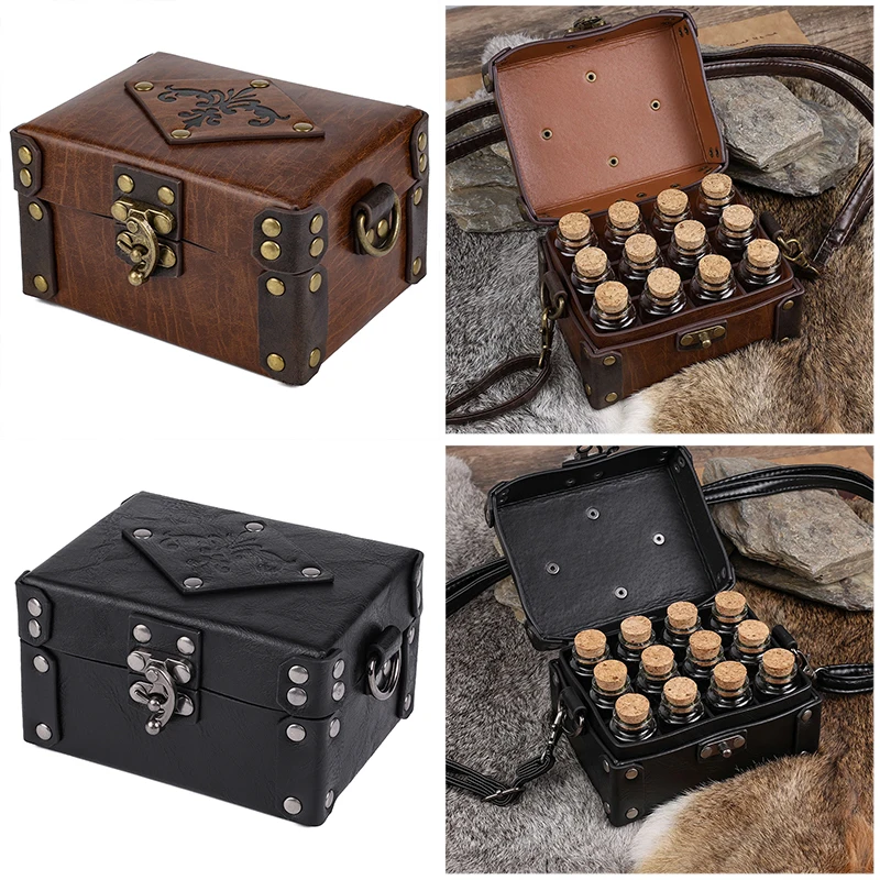 12pcs Renaissance Medieval Wizard Alchemy Glass Magic Bottles Cork Bottle+PU Leather Messenger Bag Witch Halloween Cosplay Props
