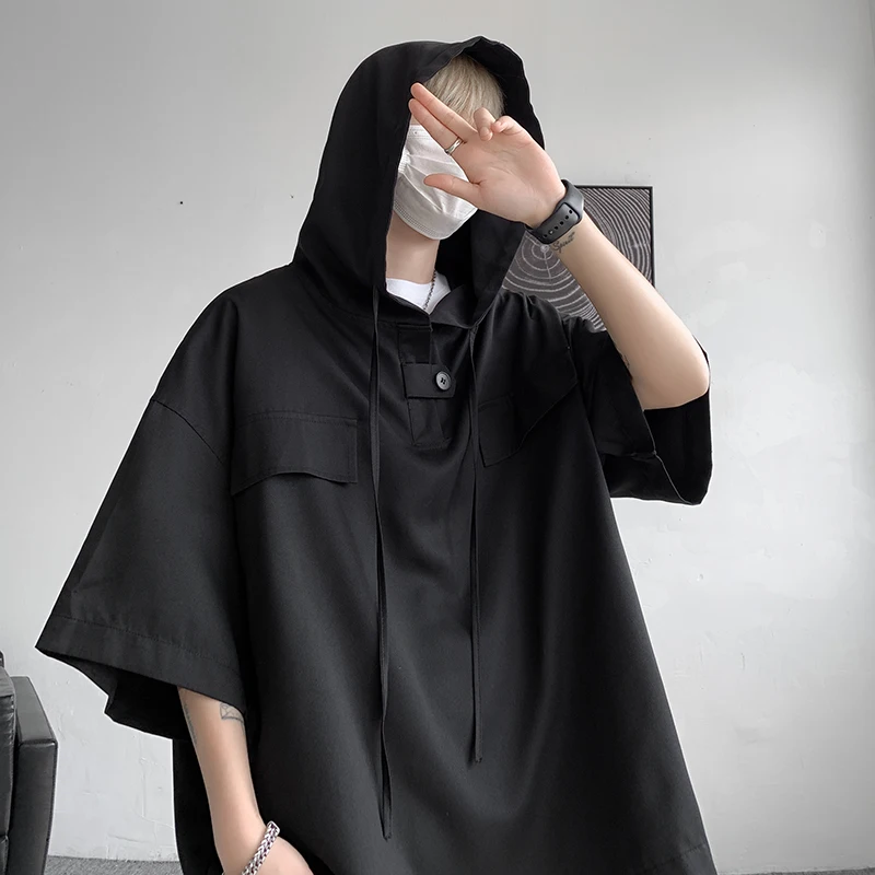 5 Colors Summer Hooded T shirt Men Korean Half Sleeve Pullover Streetwear Loose T-shirt Tops Drawstring Men Clothing