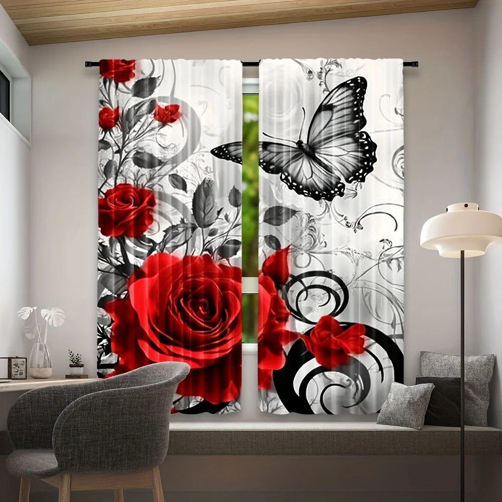 Contrast Floral Butterfly Window Curtains 2 Panels,Red Rose Grey Leaf Black Butterfly Elegant Monochrome Print Girl Room Curtain