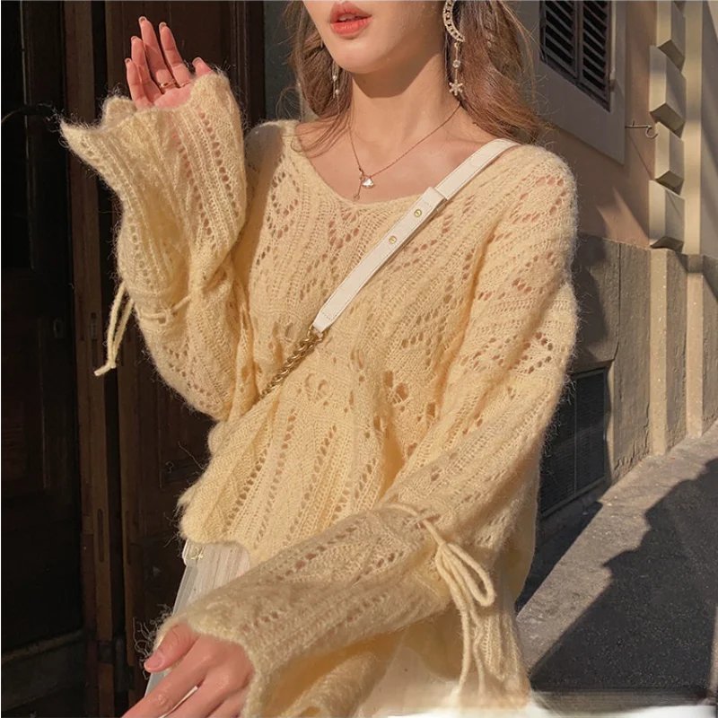 Sweater Fairy Mohair Women Korean Ins Loose Long Sleeve V-neck Hollow Out Pullover 2021 Autumn Winter Solid Elegant Sweaters