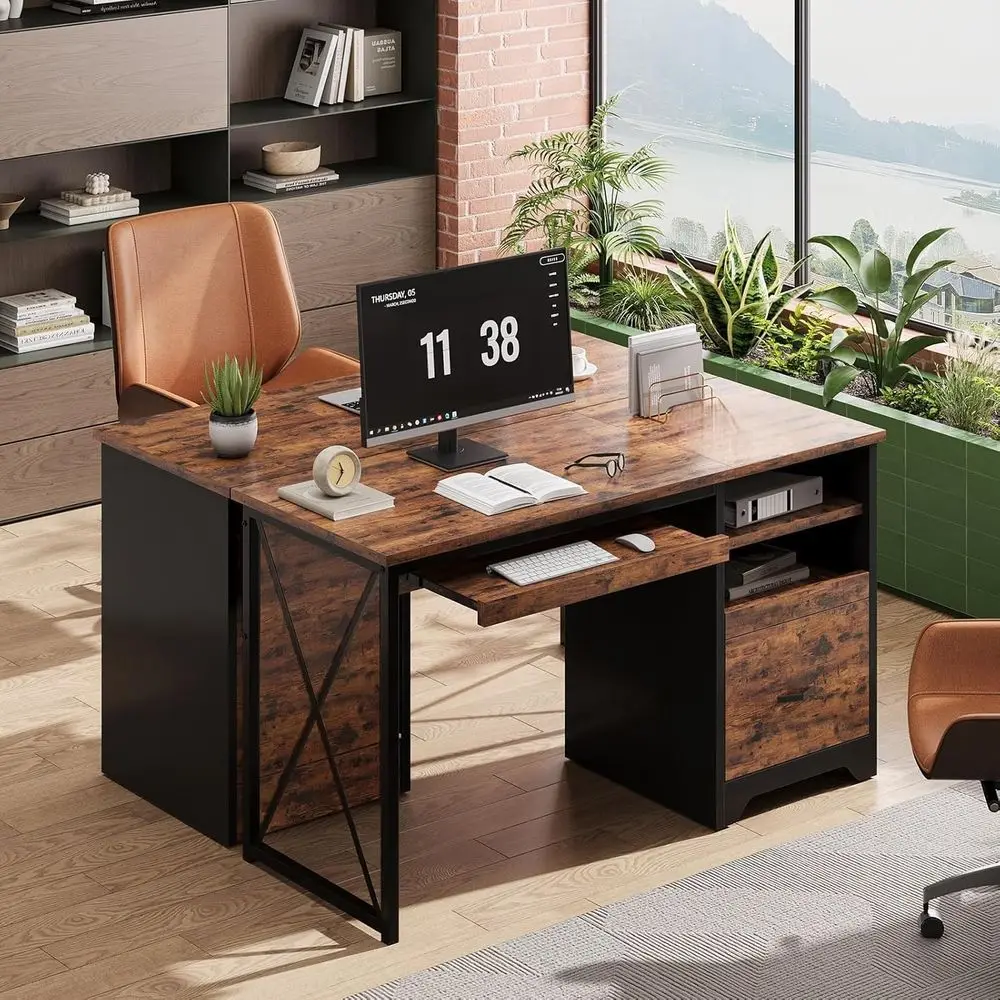 Rustic Brown 47-Inch Desk with Storage and Keyboard Tray for Compact Home Offices