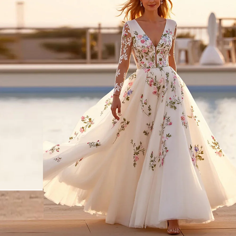 

Свадебное платье 2026 года с индивидуальной кружевной вышивкой, V-образным вырезом, длинными рукавами, А-силуэта, макси-длины, многоярусное, vestidos de novia