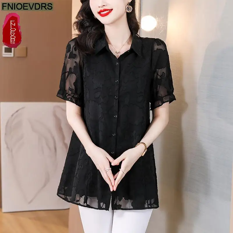 M-5XL 2023 Women Summer Short Sleeve Elegant Office Lady Work Button Shirt Casual Tunic Black Lace Tops And Blouses