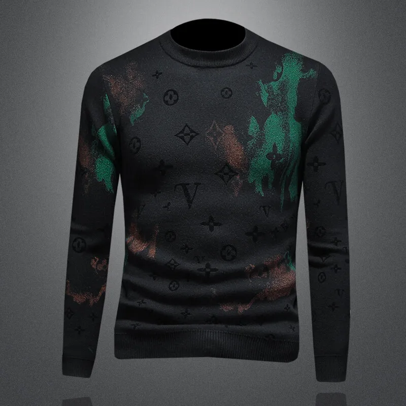 

Thiened round Ne Printed Fce Knitted Sweater Men's Overhead Faionable Winter New Arrival Ciwalk Sle Long Sve