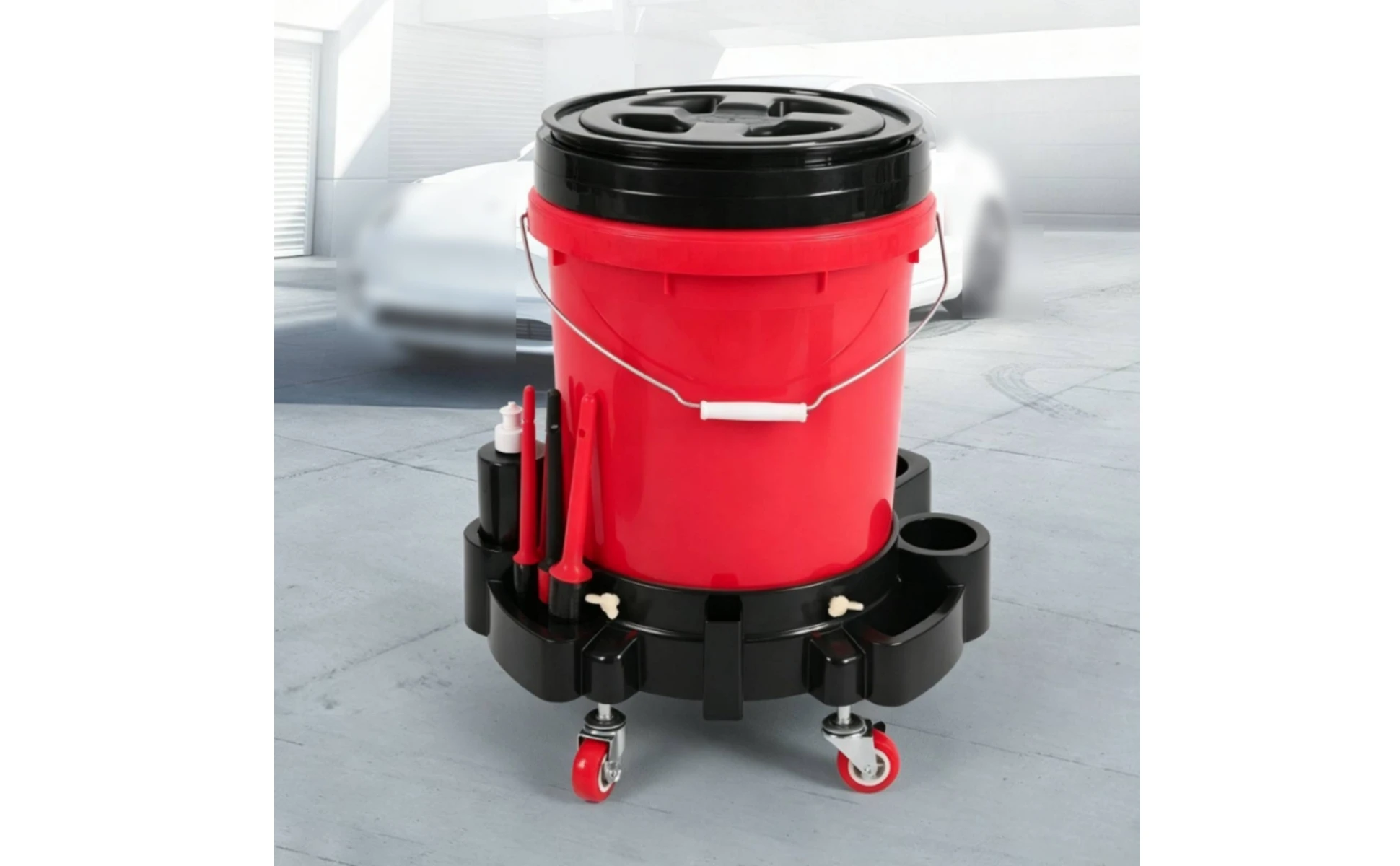 Car Wash Pail Dolly Cup-Style Holders Wheeled Pail Stand Cleaning Tool One-Piece Molded Equipment Caster Wheels