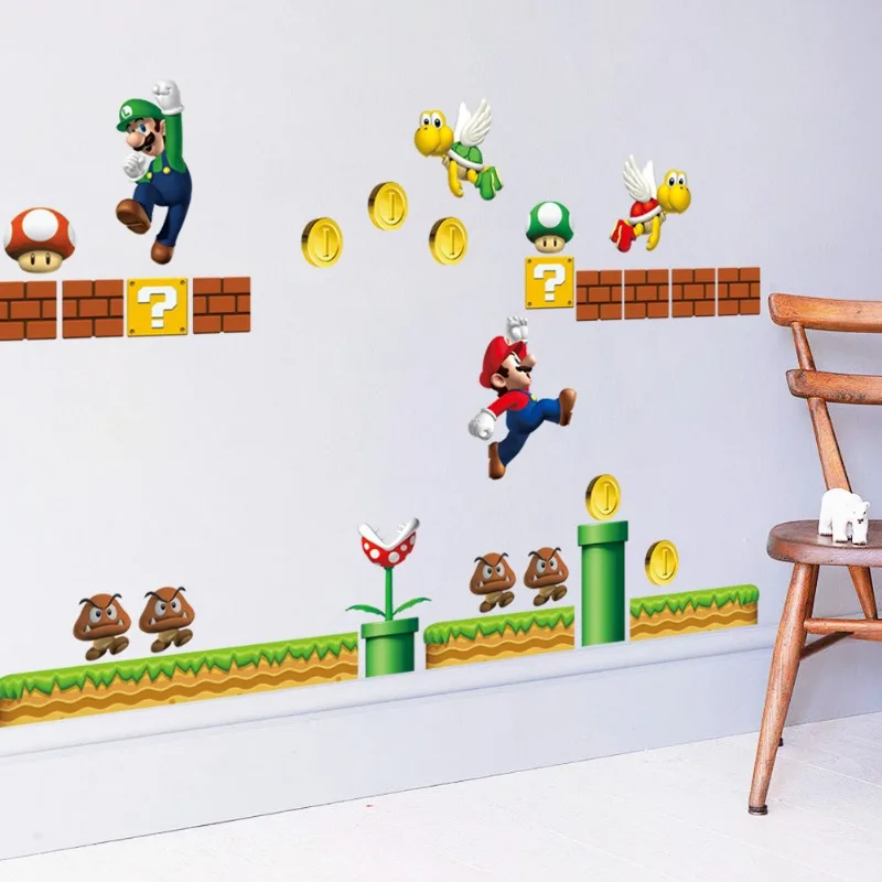 2pcs Super Mario Bros Wall Stickers Removable Cute Stickers Anime Figures Toy for Bedroom Living Room Kindergarten Children Gift