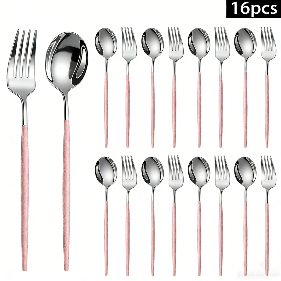16-teiliges Edelstahl-Besteckset mit elegantem Silber- und Rosa-Design, inklusive Gabel und Löffel, geeignet für den