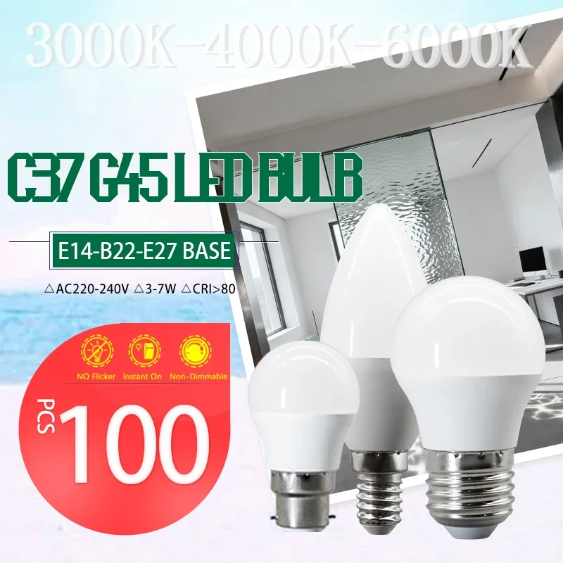 100 قطعة/الوحدة C37 G45 البسيطة LED شمعة لمبة ضوء 7 واط 3 واط التيار المتناوب 220 فولت E14 E27 B22 قاعدة ضوء وميض خالية مناسبة لدراسة لامبارا Led