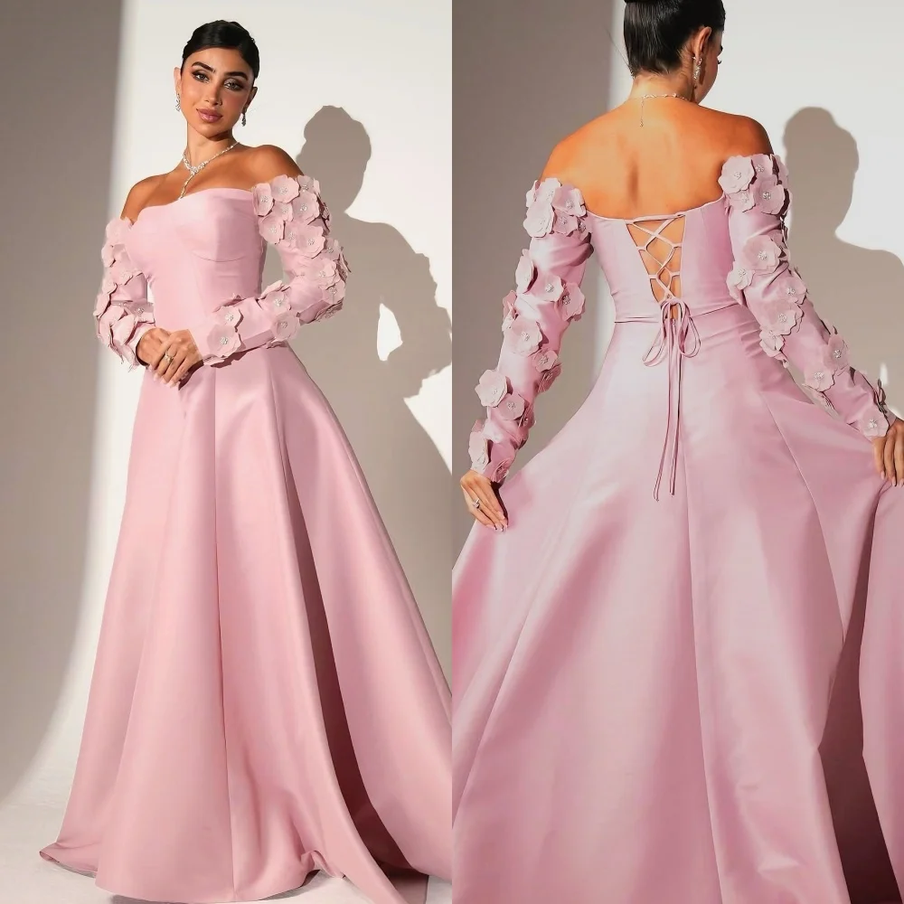 

Customized Intricate Exquisite Pleat Flower Beading Sequined A-line Off-the-shoulder Long Dresses Bespoke Occasion Dresses Sexy