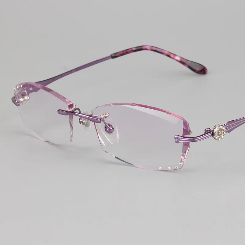 

Women's Rimless Eyewear Crystal Colored Lenses Optics Gradient Myopia Hyperopia Pretty Glasses Frame Purple Titanium Diamond Cut