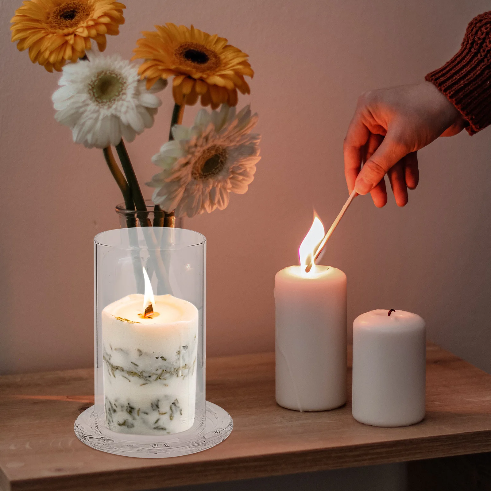 1세트 데스크탑 유리 클로슈 홀더 투명 무화염 커버 홈 데코 거실 침실 사무실 장식용