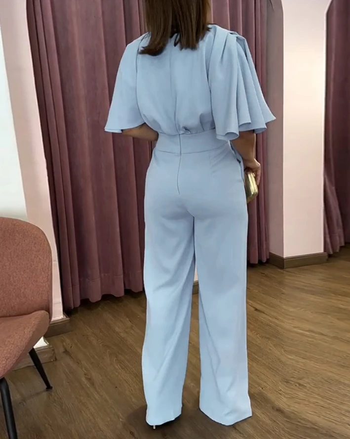 Women's Jumpsuit Summer 2025 Bell Sleeve Waist Metal Chain Decor Jumpsuit Casual Wide Leg Romper with Pockets
